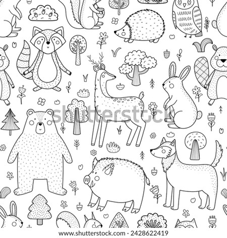 Adorable forest characters black and white seamless pattern. Cute woodland animals outline background for kids. Bear, deer, raccoon and others. Vector illustration