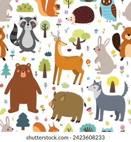 Adorable forest characters seamless pattern. Cute woodland animals in cartoon style background for kids. Bear, deer, raccoon and others. Vector illustration