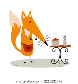 Adorable fox in an apron with table and crockery on white. Cute Cartoon clip art of cooks in cafe or restaurant