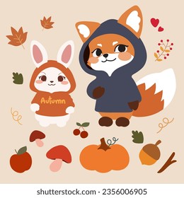 Dibujo adorable de zorro y conejito para la decoración de la temporada de otoño