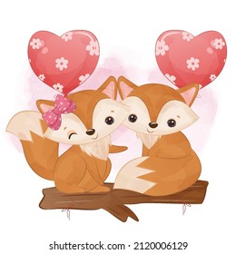 Adorable Fox Couple in Watercolor Illustration