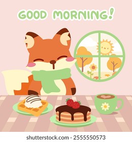 Adorable fox enjoying a breakfast with autumn scenery. Good morning cartoon fox with pancakes and waffles. Kawaii fox breakfast delight with pancakes, coffee, and sunshine.