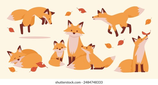 Adorable Fox Family: Cute Parent and Child Foxes Illustration Set