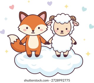 Raposa adorável e ovelha fofa de pé juntos em uma nuvem. Doce ilustração de par de animais para cartões de Dia dos Namorados, artigos de papelaria e scrapbooking.