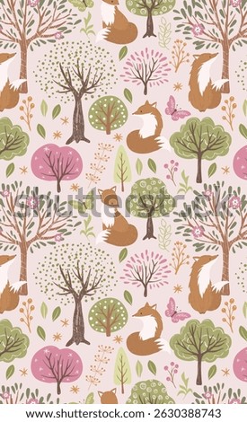 Adorable fox seamless pattern in soft colors. Perfect for nursery decoration, children's room wallpaper, baby textiles and playful design projects.