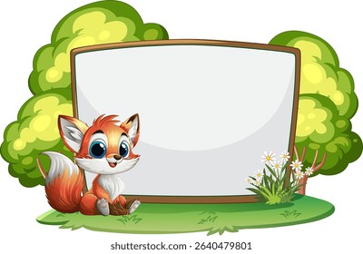 Adorable fox sitting beside an empty sign