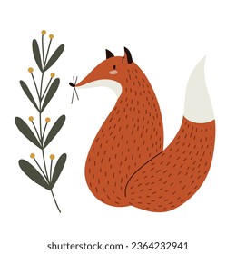 Adorable fox sitting, looking from the back, hand drawn vector illustration