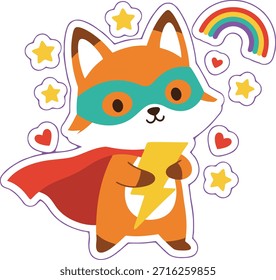 Adorable fox superhero vector illustration featuring a red cape and lightning bolt. Perfect for kids stickers, educational rewards, nursery decor, and creative DIY crafts.
