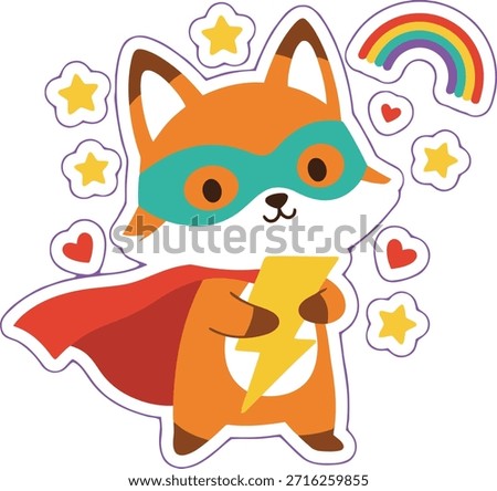 Adorable fox superhero vector illustration featuring a red cape and lightning bolt. Perfect for kids stickers, educational rewards, nursery decor, and creative DIY crafts.
