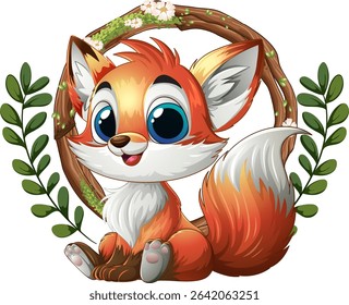 Adorable fox surrounded by leaves and flowers