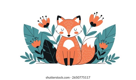 Adorable fox surrounded by lush green leaves and vibrant orange flowers illustration