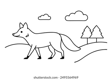 Adorable Fox Walking in Countryside Line Art Vector Illustration. Cute fox walking in countryside line art vector for digital and printable designs.