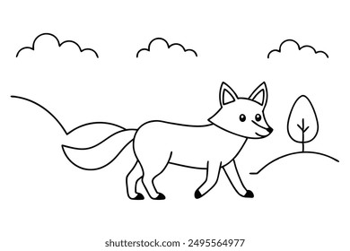 Adorable Fox Walking in Countryside Line Art Vector Illustration. Cute fox walking in countryside line art vector for digital and printable designs.