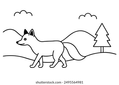 Adorable Fox Walking in Countryside Line Art Vector Illustration. Cute fox walking in countryside line art vector for digital and printable designs.