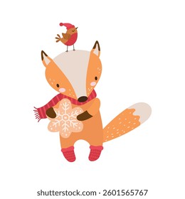 Adorable fox wearing a scarf and holding a gingerbread snowflake, with a bird perched on its head. Holiday-themed vector illustration.