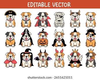 Adorável francês Bulldog Halloween Costume Vetor Set, Magical Dog Designs, perfeito para adesivos, convites, sublimação, artesanato e projetos de decoração de férias.