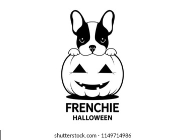 Adorable French Bulldog on The Ghost Pumpkin Halloween. Cute Frenchie with bunny ears in black and white logo. Delightful vector capturing an adorable Frenchie amidst Halloween fun.