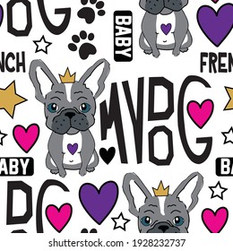 Adorable french bulldog seamless pattern. French bulldog cartoon background. Can be used for textile,  background, book cover, packaging.