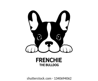 Adorable French Bulldog waiting for his snacks. Cute Frenchie with bunny ears in black and white logo. Vector illustration of an adorable French Bulldog eagerly waiting for treats.