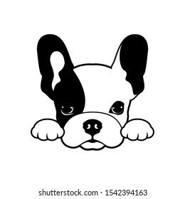 Adorable French Bulldog waiting for his snacks. Cute Frenchie with bunny ears in black and white logo. Vector illustration of an adorable French Bulldog eagerly waiting for treats.