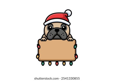 Adorable French Bulldog wearing a Santa hat, sitting by a festive Christmas sign and surrounded by colorful lights, creating a warm and joyful holiday vibe perfect for the season