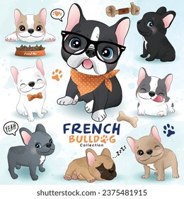 Adorable french bulldogs collection with watercolor illustration