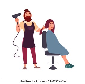 Adorable peluquero barbudo y cordial, seco con secador de pelo de su sonriente cliente mujer sentado en una silla aislada en fondo blanco. Ilustración vectorial colorida al estilo de las caricaturas planas.