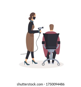 Adorable friendly lady hairdresser in protective mask with hair dryer in hand make hair of her male client sitting in chair isolated on white background.Vector illustration.Workplace of barber