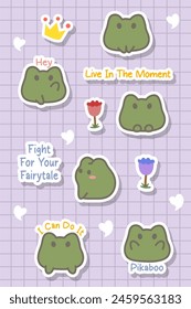 adorable frog cartoon and motivation with flower sticker design collection