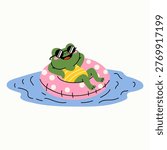 Adorable Frog in Sunglasses Floating in Pool Water
