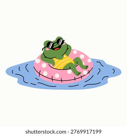 Adorable Frog in Sunglasses Floating in Pool Water