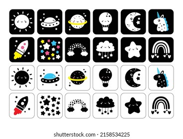 Adorable Full Editable Montessori Flashcards Set Of Cute Illustration Inspired By Dreamy World. Icons Such As Unicorn, Moon, Stars, Rocket, Ufo And More.