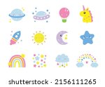 Adorable full editable set of cute cute illustration inspired by dreamy world. Icons as unicorn, moon, stars, rocket, ufo and more.