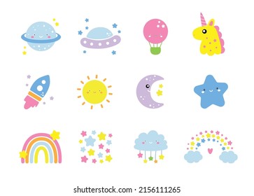 Adorable Full Editable Set Of Cute Cute Illustration Inspired By Dreamy World. Icons As Unicorn, Moon, Stars, Rocket, Ufo And More.