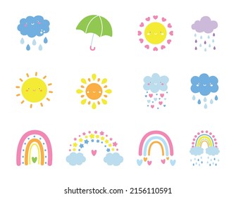 Adorable full editable set of weather illustrations like clouds, rainbow, sun and more.