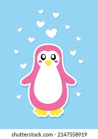 Adorable fully editable pink penguin in love with hearts around. 