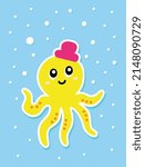 Adorable fully editable yellow octopus with a tiny hat and bubbles around. 
