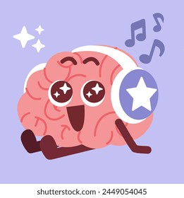 Adorable Fun Brain Character with Star Headphone Vibes the Music Doodle Illustration Vector Asset