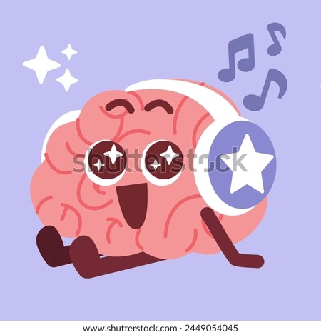 Adorable Fun Brain Character with Star Headphone Vibes the Music Doodle Illustration Vector Asset