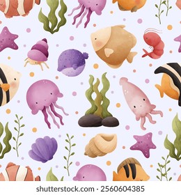 Adorable and fun ocean life seamless pattern