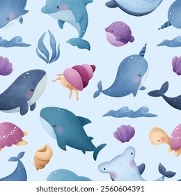 Adorable and fun ocean life seamless pattern