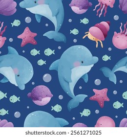 Adorable and fun ocean life seamless pattern