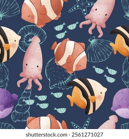 Adorable and fun ocean life seamless pattern