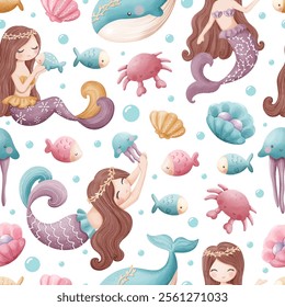 Adorable and fun ocean life seamless pattern