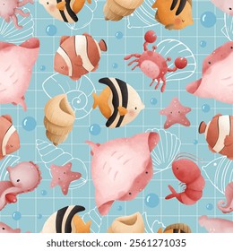 Adorable and fun ocean life seamless pattern