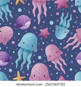 Adorable and fun ocean life seamless pattern