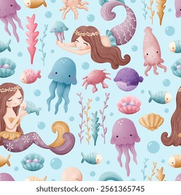 Adorable and fun ocean life seamless pattern