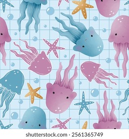 Adorable and fun ocean life seamless pattern