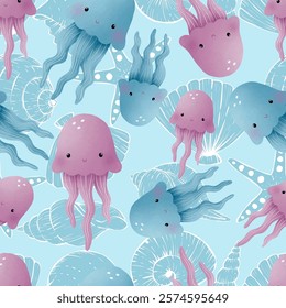 Adorable and fun ocean life seamless pattern