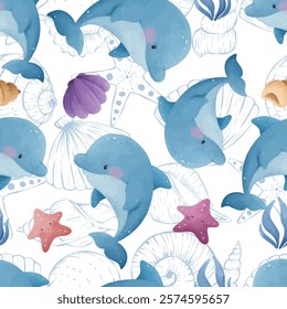 Adorable and fun ocean life seamless pattern